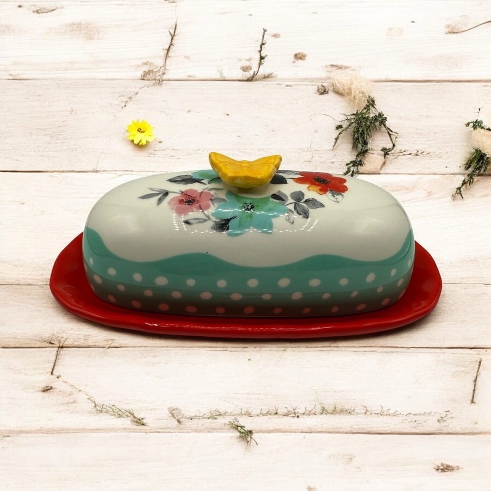 PIONEER WOMAN Floral Ceramic Butter Dish with Red Base